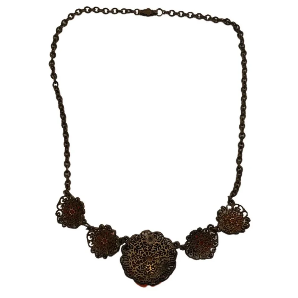 Vintage Necklace Coral Colored Celluloid Carved Rose Gold Tone Chain Fillagree - Picture 8 of 9